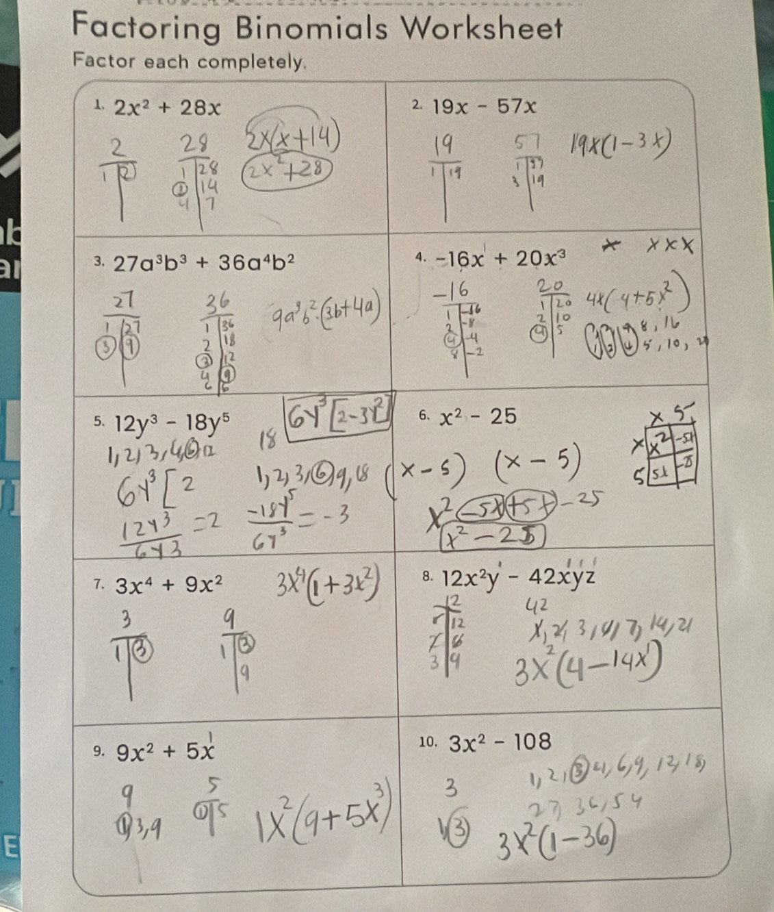 Factoring Binomials Worksheet