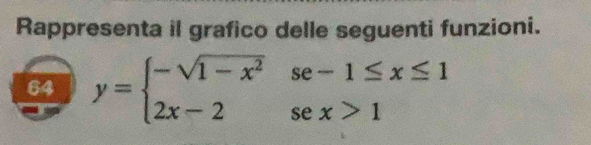 Rappresenta il grafico delle seguenti funzioni. 
64 y=beginarrayl -sqrt(1-x^2)se-1≤ x≤ 1 2x-2sex>1endarray.