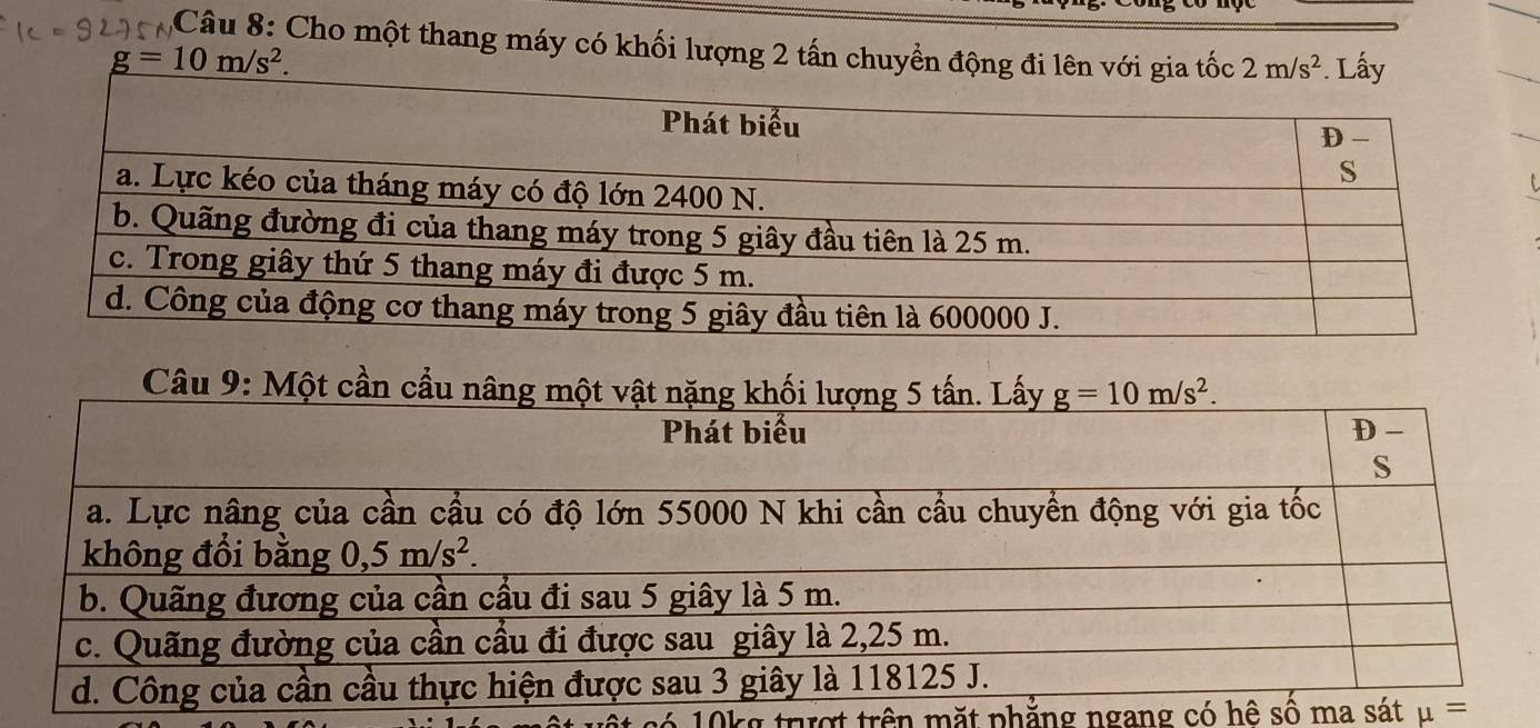 Cho một thang máy có khối lượng 2 tấn chuyển động đi lên
g=10m/s^2.
t
Câu 9: M
có 10kg trượt trên mặt phẳng ngang có hệ số ma mu =