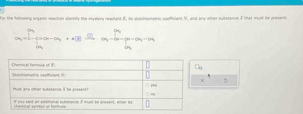 For the following organic reaction identify the mystery reactant R, its stoichiometric coefficient N, and any other substance X that must be present.
CH_2=C-beginbmatrix CH-CH_3+HBendbmatrix +N[□ ]CH_3OH-CH_3-CH-CH_2-CH_3
5