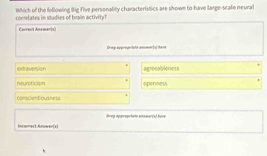 Which of the following Big Five personality characteristics are shown to have large-scale neural
correlates in studies of brain activity?
Correct Answer(s)
Drag appropriate answer(s) here
+
extraversion agreeableness
neuroticism openness
conscientiousness
Drag appropriate answer(s) here
Incorrect Answer(s)