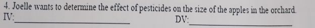 Joelle wants to determine the effect of pesticides on the size of the apples in the orchard. 
IV:_ DV: 
_