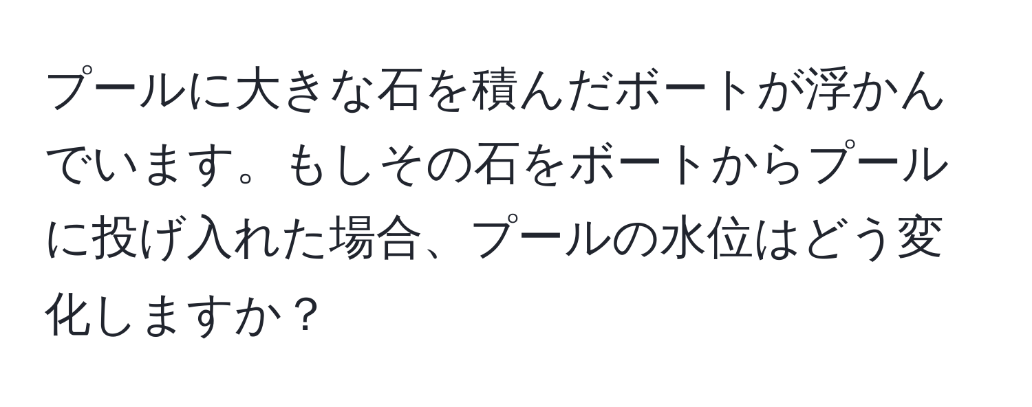 プールに大きな石を積んだボートが浮かんでいます。もしその石をボートからプールに投げ入れた場合、プールの水位はどう変化しますか？