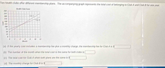 Two health clube offer different membership plans. The accompanying graph represents the total cost of belonging to Club A and Club B for one year
(4) If the yearly cost includes a membership fee plus a monthly charge, the membership fee for Club.A is S 
(b). The number of the month when the tobal cost is the same for both clubs is 
(c). The tobal cost for Club A when both plans are the same is 
(1). The monthly charge for Club tl is Si