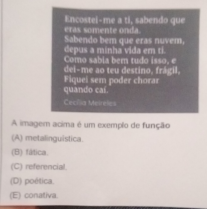 Encostei-me a ti, sabendo que
eras somente onda.
Sabendo bem que eras nuvem,
depus a minha vida em ti.
Como sabia bem tudo isso, e
dei-me ao teu destino, frágil,
Fiquei sem poder chorar
quando caí.
Cecília Meireles
A imagem acima é um exemplo de função
(A) metalinguística.
(B) fática.
(C) referencial,
(D) poética.
(E) conativa.