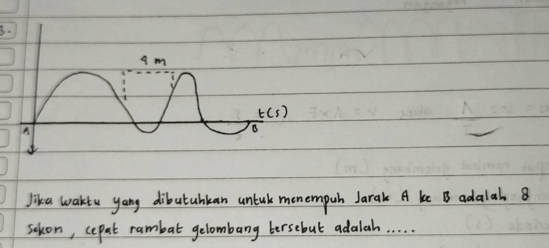 Jika waktu yang dibutuhkan untuk monempuh Jarak A ke B adalab 8
sckon, cepat rambat gelombang bersebul adalah. . . . .