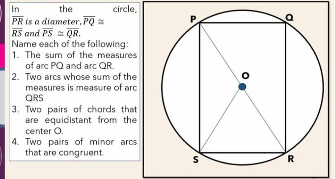 In the circle,
overline PR is a diameter, overline PQ≌
overline RS and overline PS≌ overline QR. 
Name each of the following: 
1. The sum of the measures 
of arc PQ and arc QR. 
2. Two arcs whose sum of the 
measures is measure of arc
QRS
3. Two pairs of chords that 
are equidistant from the 
center O. 
4. Two pairs of minor arcs 
that are congruent.