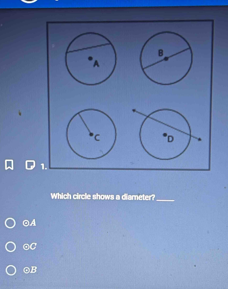 Which circle shows a diameter?_
OA
0C
OB