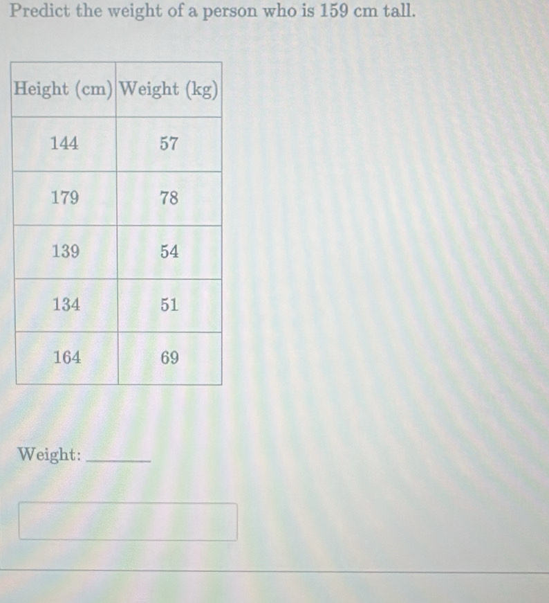 Predict the weight of a person who is 159 cm tall. 
H 
Weight:_