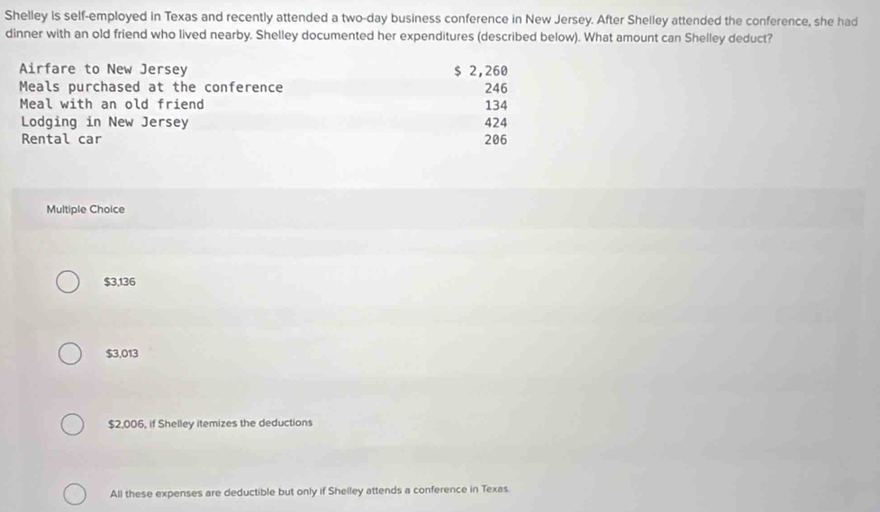 Shelley is self-employed in Texas and recently attended a two-day business conference in New Jersey. After Shelley attended the conference, she had
dinner with an old friend who lived nearby. Shelley documented her expenditures (described below). What amount can Shelley deduct?
Airfare to New Jersey $ 2,260
Meals purchased at the conference 246
Meal with an old friend 134
Lodging in New Jersey 424
Rental car 206
Multiple Choice
$3,136
$3,013
$2,006, if Shelley itemizes the deductions
All these expenses are deductible but only if Shelley attends a conference in Texas.