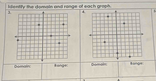 Identify the domain and range of each graph. 
3. 
4. 
5 
Domain: Range: Domain: Range: