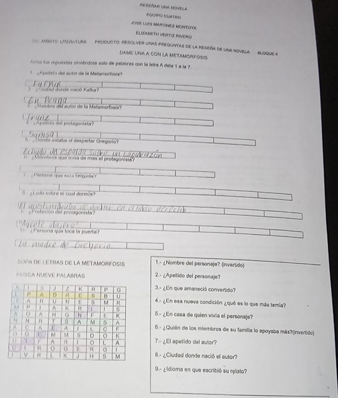 RESISAR UNA NCVELA 
EQUIPO GUATRO 
JOSE LUIS MARTINEZ MONTOYA 
E LIZABETH VERTI RUVERO 
AMnto : literatura prodUCto, Resolver unas preguntas de la Reseña de una novela Bloque 4 
DAME UNA A CON LA METAMORFOSIS 
Arur lus repuestas sirviêndote solo de palabras con la letra A dela 1 a la 7. 
pelido del autor de la Métamorfosia? 
F a K 
Ciudad donde nació Kaf? 
. 
Nombro del autor de la Metamorfosis? 

peitido del protegonista? 
nde estaba al despertar Gregorío? 

mbros que tería de más el protagonista 
Persona que esta fatigada? 
B ¿Lado sobre el cual dormía? 
¿Profesión del prolagonista 
Persora que toca la puerta? 
SOPA DE LETRAS DE LA METAMORFOSIS 1.- ¿Nombre del personaje? (invertido) 
DUSCA NUEVE PALABRAS 2.- ¿Apellido del personaje? 
3.- ¿En que amaneció convertido? 
4- ¿En esa nueva condición ¿qué es lo que más temía? 
5.- ¿En casa de quien vivia el personaje? 
6.- ¿Quión de los miembros de su familia lo apoyaba más?(invertido) 
7.- ¿El apellido del autor? 
8.- ¿Ciudad donde nació el autor? 
9.- ¿Idioma en que escribió su relato?
