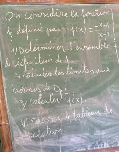 on convidene la loutun 
I delome pay f(x)= (-x+1)/x-3 
Dclecmimen emroble 
de defenitan def. 
2 colclen ttimiles and 
hopmes de Do 
3) calculent f(x)
VI Dheye ke tablean de 
pniation.