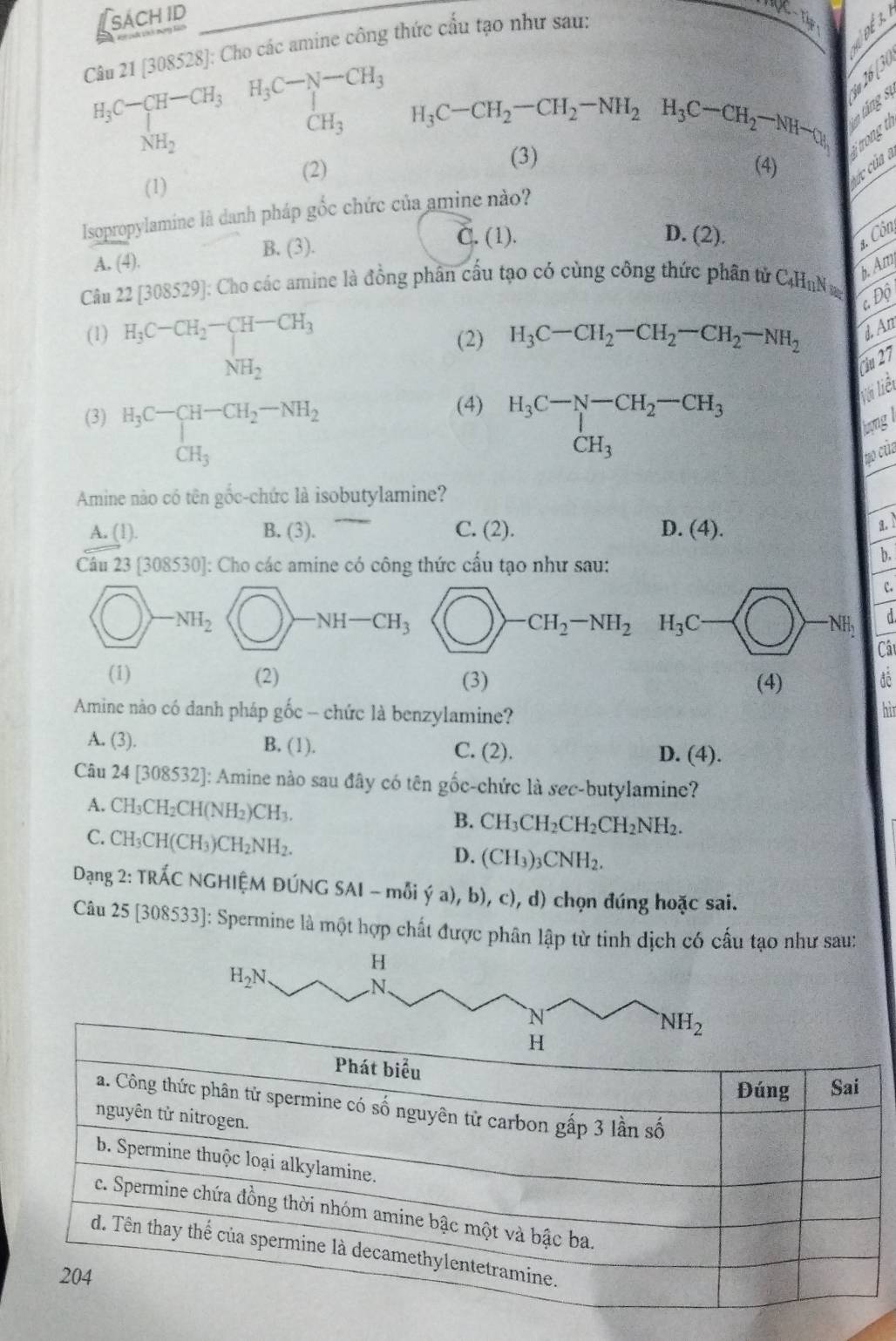 SAcH ID
Câu 21 [308528]: Cho các amine công thức cấu tạo như sau:
H_3C-CH-CH_3H_3C-N-CH_3 H_3C-CH_2-CH_2-NH_2H_3C-CH_2-NH-Cl,
CH_3
c c của a tị trong t ág táng s in 26 ( 3 º
NH_2
(3)
(2) (4)
(1)
Isopropylamine là danh pháp gốc chức của amine nào?
A. (4).
B. (3). C. (1).
D. (2).
a. Côn
Câu 22[308529] : Cho các amine là đồng phân cầu tạo có cùng công thức phân tử C4HN
b. Am
c Độ
(1) H_3C-CH_2-CH-CH_3 NH_2endarray. (2) H_3C-CH_2-CH_2-CH_2-NH_2 d An
u 27
Vi liệ
(4)
(3) H_3C-CH-CH_2-NH_2 CH_3 H_3C_2C-N-CH_2-CH_3 CH_CH_3 lượng
no cù
Amine nào có tên gốc-chức là isobutylamine?
A. (1). B. (3). □ C. (2). D. (4).
a. 
Câu 23 [ 308 530]: Cho các amine có công thức cấu tạo như sau:
b.
c.
(0) -NH-CH_3 d
Câ
(1) (2) (3) (4) đề
Amine nào có danh pháp gốc - chức là benzylamine?
hi
A. (3). B. (1). C. (2). D. (4).
Câu 24[308532] : Amine nào sau đây có tên gốc-chức là sec-butylamine?
A. CH_3CH_2CH(NH_2)CH_3.
B. CH_3CH_2CH_2CH_2NH_2.
C. CH_3CH(CH_3)CH_2NH_2.
D. (CH_3)_3CNH_2.
Dạng 2: TRÁC NGHIỆM ĐÚNG SAI - _ ∩ _  ya),b),c),d) chọn đúng hoặc sai.
    
Câu 25 [308533]: Spermine là một hợp chất được phân lập từ tinh dịch có cấu tạo như sau: