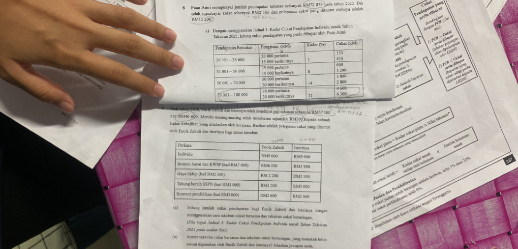 Puan Aimi mempunyai jumlah pendapatan tahunan sebanyak RM72 875 pada tabun 2022. Dia
Caka
Pendapatan yang
telah merabayar zakat sebanyak RM2 100 dan pelepasan cukai yang dituntut olehnya adalah
RM1 5 2063
perlu dībayar
a kzi   == rên củn
a) Dengan menggunakan Jadual 3: Kadar Cukai Pendapatan Individu untuk Tabun
Taksiran 2021, hitung cukai pendapatan yang perlu dibayar olch Puan Aimi
   
pách Ch D
400
2) Jeniak hayaran
rakat
Peda tabun 2020, Eneik Z454di can isterinya toah mendapat gaji tahaman sobanyak RM6? 500
a enjín kendersan
Jalan kereta/motosikal
dap RM40 600. Mereka masing-masing telah menderma sejunalsh RM300 kepada sebuah
badan kebajikan yang diluluskan oleh kerajaan. Berikut adalah pelepasan cukai yang dituntut
oleh Encik Zabidi dan isterinya bagi tabun tersebut.
akai pints = Kadar cukai pintu × Nilai tabuna
tamah
a lasoe xre a tahoun jong mxuafa
jakai jualan untuk barangan adalan berbeza, iaitu 5% atau 10
Jualan dan Perkhidmatan
(a) Hitung jumlah cukai pendapatan bagi Encik Zabidi dan isterinya dengan ar cukai perkhidmatan ialah 6%
(Sila rujuk Jadual 3: Kadar Cukai Pendapatan Individu untuk Tahun Taksiran Disediakan oieh Guru AKRAM Negeri Terenggar
menggunakan cara taksiran cukai bersama dan taksiran cukai berasingan.
2021 pada soalan 8(a))
(b) Antara taksiran cukai bersama dan taksiran cukai berasingan, yang manakah lebih
sesuai digunakan oleh Encik Zabidi dan isteriaya? Jelaskan jawapan anda.