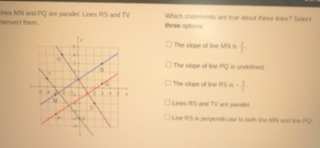 Solved: ines MN and PQ are parallel. Lines RS and TV Which statements ...