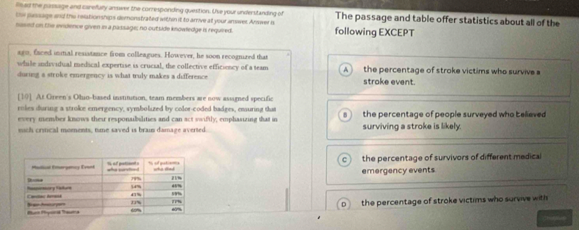 Read the passage and carefully answer the corresponding question. Use your understanding of The passage and table offer statistics about all of the
the passage and the relation ships demonstrated within it to arrive at your answer. Answer is
nased on the evidence given in a passage; no outside knowledge is required. following EXCEPT
agu, faced inmal resistance from colleagues. However, he soon recognized that
while individual medical expertise is crucial, the collective efficiency of a team the percentage of stroke victims who survive a
during a stroke emergency is what truly makes a difference stroke event.
[10] At Green's Olio-based institution, team members are now assigned specific
rules during a stroke emergency, symbolized by color-coded badges, ensuring that
every member knows their responsibilities and can act swiftly; emphasizing that in the percentage of people surveyed who believed
such critical moments, time saved is brain damage averted surviving a stroke is likely.
the percentage of survivors of different medical
emergency events.
the percentage of stroke victims who survive with