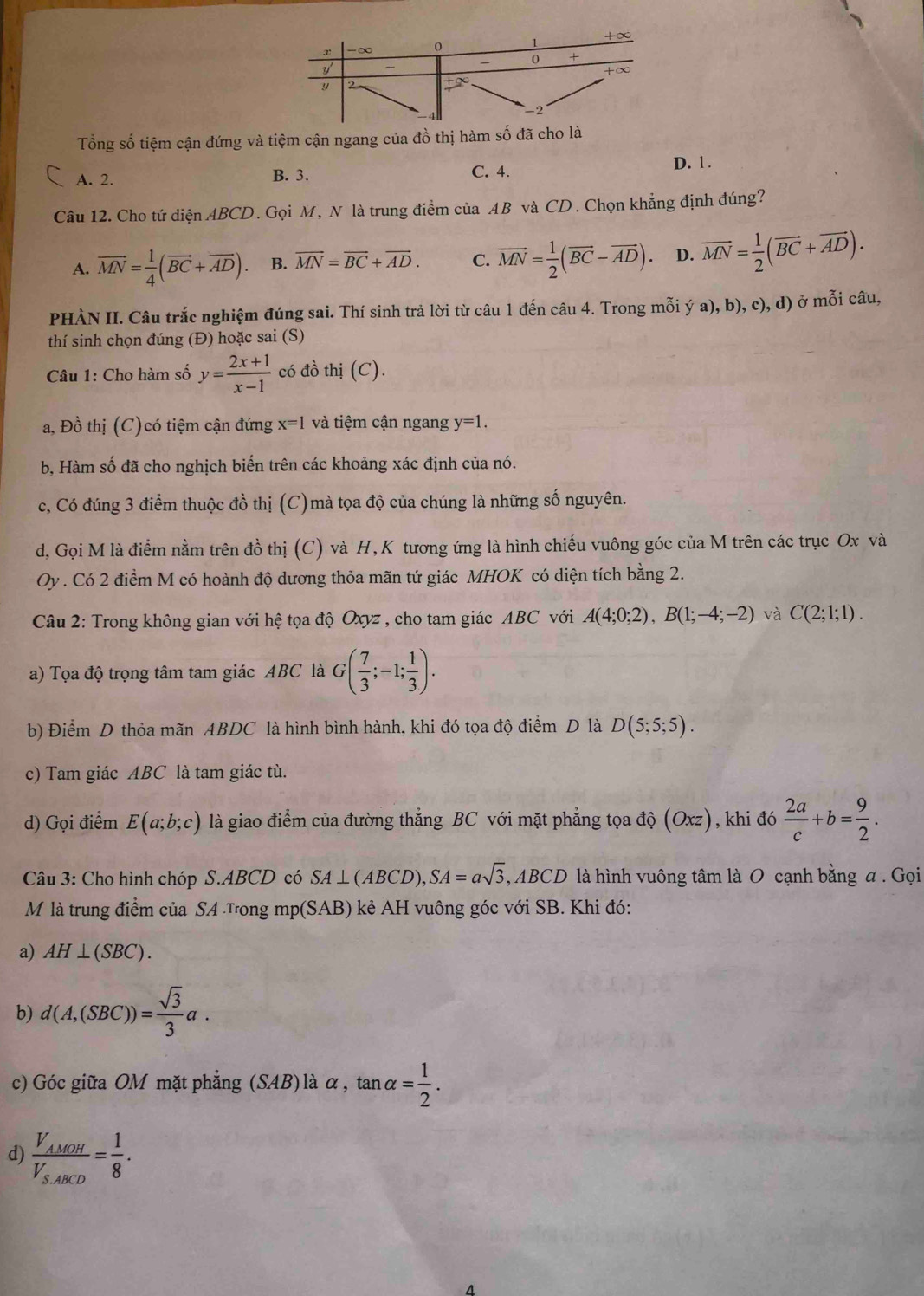 Tổng số tiệm cận đứng và tiệm cận ngang của đồ thị hàm số đã cho là
D. 1 .
A. 2. B. 3. C. 4.
Câu 12. Cho tứ diện ABCD. Gọi M, N là trung điểm của AB và CD. Chọn khẳng định đúng?
A. vector MN= 1/4 (vector BC+vector AD). B. overline MN=overline BC+overline AD. C. vector MN= 1/2 (vector BC-vector AD). D. overline MN= 1/2 (overline BC+overline AD).
PHÀN II. Câu trắc nghiệm đúng sai. Thí sinh trả lời từ câu 1 đến câu 4. Trong mỗi ý : a).b ), c), d) ở mỗi câu,
thí sinh chọn đúng (Đ) hoặc sai (S)
Câu 1: Cho hàm số y= (2x+1)/x-1  có đồ thị (C).
a, Đồ thị (C)có tiệm cận đứng x=1 và tiệm cận ngang y=1.
b, Hàm số đã cho nghịch biến trên các khoảng xác định của nó.
c, Có đúng 3 điểm thuộc đồ thị (C)mà tọa độ của chúng là những số nguyên.
d, Gọi M là điểm nằm trên đồ thị (C) và H, K tương ứng là hình chiếu vuông góc của M trên các trục Ox và
Oy . Có 2 điểm M có hoành độ dương thỏa mãn tứ giác MHOK có diện tích bằng 2.
Câu 2: Trong không gian với hệ tọa độ Oxyz , cho tam giác ABC với A(4;0;2),B(1;-4;-2) và C(2;1;1).
a) Tọa độ trọng tâm tam giác ABC là G( 7/3 ;-1; 1/3 ).
b) Điểm D thỏa mãn ABDC là hình bình hành, khi đó tọa độ điểm D là D(5;5;5).
c) Tam giác ABC là tam giác tù.
d) Gọi điểm E(a;b;c) là giao điểm của đường thẳng BC với mặt phẳng tọa độ (Oxz), khi đó  2a/c +b= 9/2 .
Câu 3: Cho hình chóp S.ABCD có SA⊥ (ABCD),SA=asqrt(3) , ABCD là hình vuông tâm là O cạnh bằng a . Gọi
M là trung điểm của SA Trong mp(SAB) kẻ AH vuông góc với SB. Khi đó:
a) AH⊥ (SBC).
b) d(A,(SBC))= sqrt(3)/3 a.
c) Góc giữa OM mặt phẳng (SAB) là α , tan alpha = 1/2 .
d) frac V_AMOHV_SABCD= 1/8 .