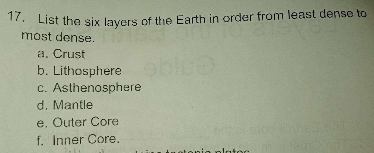 Solved: List the six layers of the Earth in order from least dense to ...
