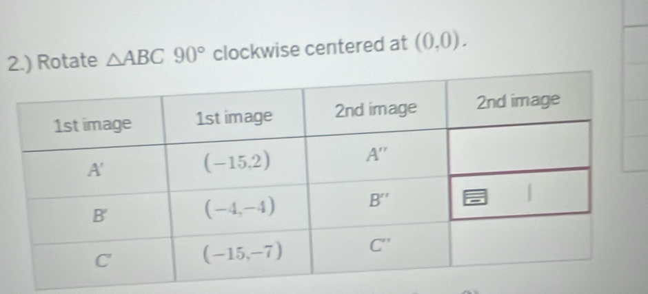 2.) Rotate △ ABC90° clockwise centered at (0,0).