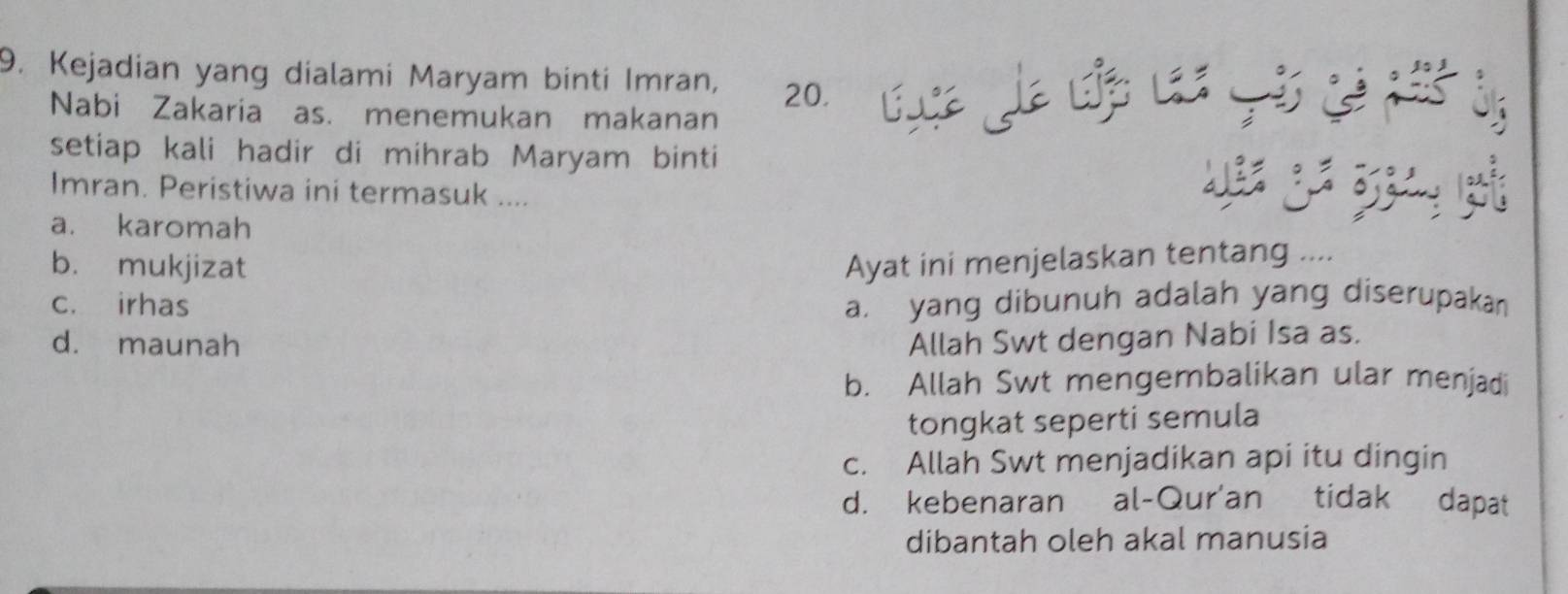 Kejadian yang dialami Maryam binti Imran, 20. 
Nabi Zakaria as. menemukan makanan
setiap kali hadir di mihrab Maryam binti
Imran. Peristiwa ini termasuk ....
a. karomah
b. mukjizat Ayat ini menjelaskan tentang ....
c. irhas a. yang dibunuh adalah yang diserupakan
d. maunah Allah Swt dengan Nabi Isa as.
b. Allah Swt mengembalikan ular menjadi
tongkat seperti semula
c. Allah Swt menjadikan api itu dingin
d. kebenaran al-Qur'an tidak dapat
dibantah oleh akal manusia