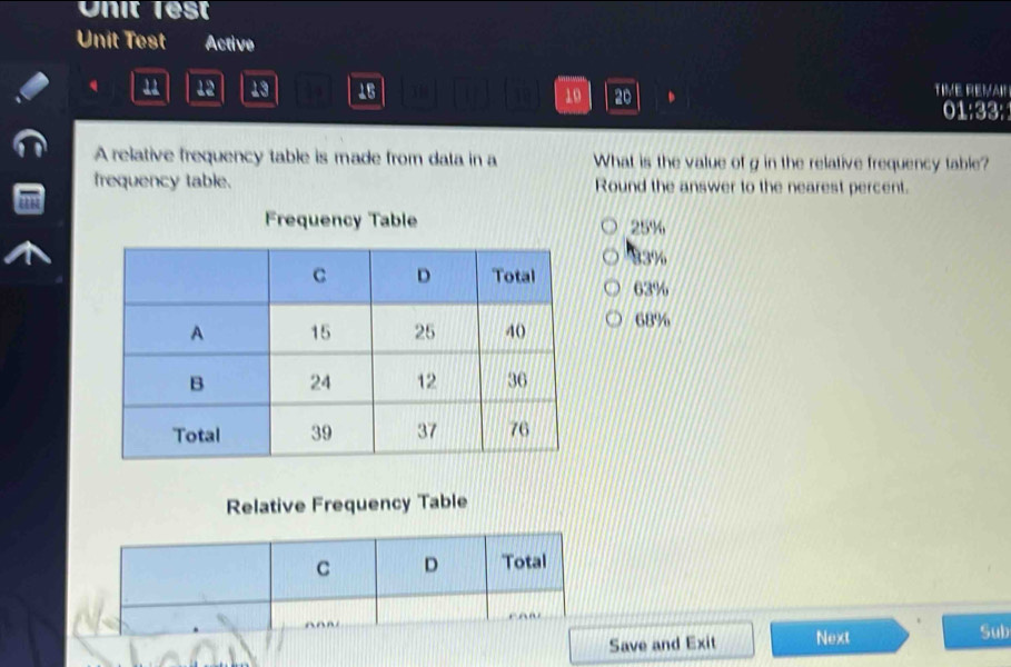 Unit lest
Unit Test Active
11 12 13 14 16 10 20 TIVE REVAI!
01:33:
A relative frequency table is made from data in a What is the value of g in the relative frequency table?
frequency table. Round the answer to the nearest percent.
Frequency Table 25%
33½
63%
68%
Relative Frequency Table
C D Total
^∩~ Sub
Save and Exit Next