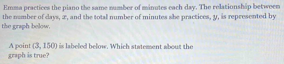 Emma practices the piano the same number of minutes each day. The relationship between 
the number of days, x, and the total number of minutes she practices, y, is represented by 
the graph below. 
A point (3,150) is labeled below. Which statement about the 
graph is true?