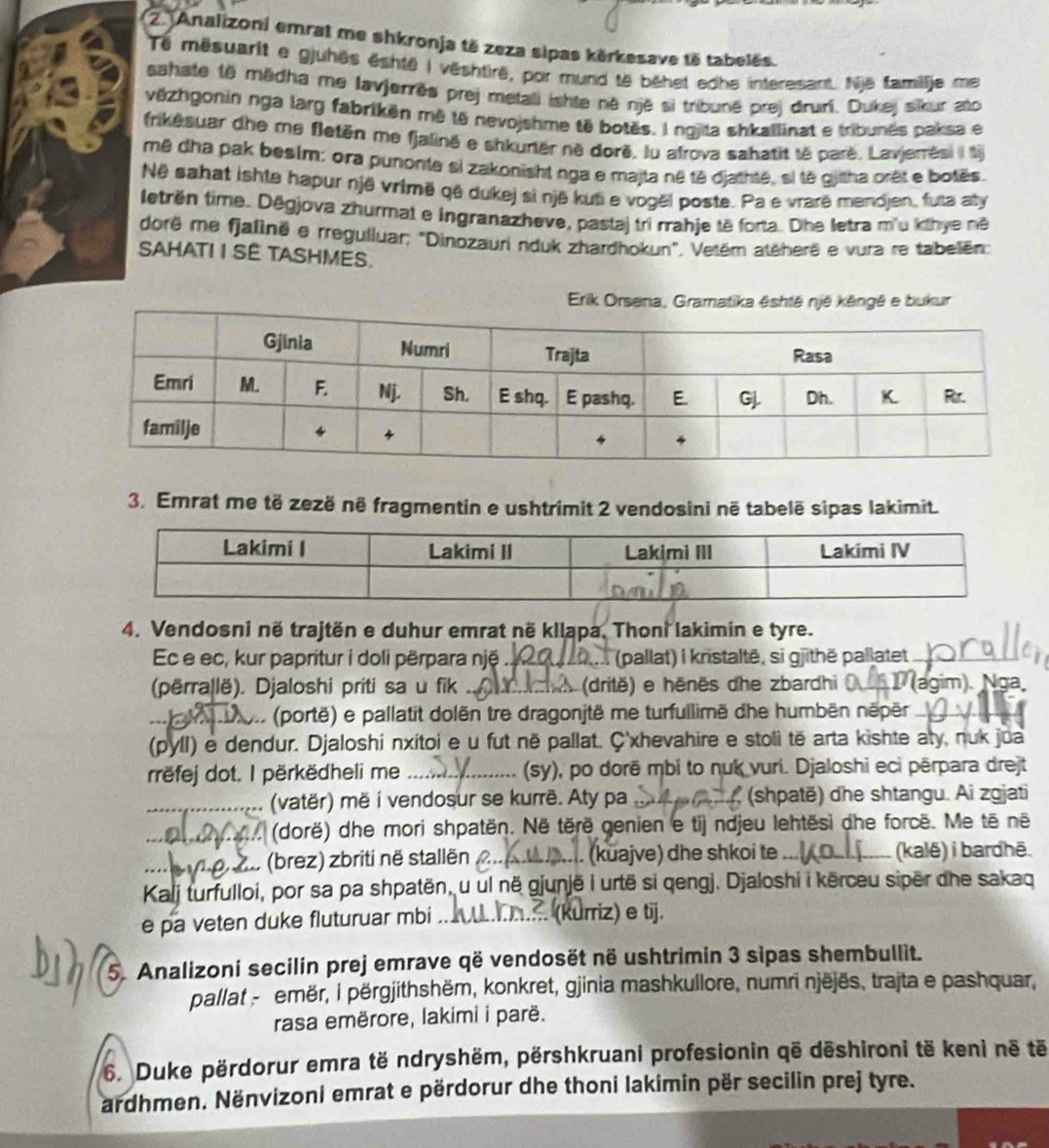 Analizoni emrat me shkronja të zeza sipas kěrkesave të tabelës.
Te mêsuarit e gjuhês ështé I vështire, por mund të bêhet edhe interesant. Një famillje me
sahate tê mëdha me lavjerrês prej metali ishte në një si tribunë prej druri. Dukej sikur ato
vězhgonin nga larg fabrikën mê tê nevojshme të botès. I ngjita shkallinat e tribunês paksa e
frikesuar dhe me fletën me fjalinë e shkurtër né dorë. lu afrova sahatit té paré. Lavjerrèsi i tj
mê dha pak beslm: ora punonte si zakonisht nga e majta né té djathté, si tê giltha orêt e botês.
Në sahat ishte hapur një vrimë që dukej si një kuti e vogël poste. Pa e vrarë mendjen, futa aty
letrën time. Dēgjova zhurmal e ingranazheve, pastaj tri rrahje të forta. Dhe letra m'u klhye në
dorë me fjalinë e rregulluar; "Dinozauri nduk zhardhokun". Vetëm atëherë e vura re tabelën
SAHATI I SÊ TASHMES.
Erik Orsena,kur
3. Emrat me të zezë në fragmentin e ushtrimit 2 vendosini në tabelë sipas lakimit.
4. Vendosni në trajtën e duhur emrat në kilapa. Thoni lakimin e tyre.
Ec e ec, kur papritur i doli përpara një .  (pallat) i kristaltē, si gjithë pallatet .
(përrallë). Djaloshi priti sa u fik  (drite) e henës dhe zbardhi  (ágim). Nga
(portë) e pallatit dolën tre dragonjtë me turfullimë dhe humbën nëpër 
(pyll) e dendur. Djaloshi nxitoi e u fut në pallat. Ç'xhevahire e stoli të arta kishte aty, nuk jua
rrëfej dot. I përkëdheli me  (sy), po dorë mbi to nuk vuri. Djaloshi eci pērpara drejt
  
(vatër) më i vendosur se kurrë. Aty pa (shpatë) dhe shtangu. Ai zgjati
(dorë) dhe mori shpatën. Në tërë genien e tij ndjeu lehtësi dhe forcë. Me tē në
. . (brez) zbriti në stallën .. (kuajve) dhe shkoi te _(kalë) i bardhē.
Kalj turfulloi, por sa pa shpatën, u ul në gjunjë i urtë si qengj. Djaloshi i kërceu sipër dhe sakaq
e pa veten duke fluturuar mbi
(Kurriz) e tij.
5. Analizoni secilin prej emrave që vendosët në ushtrimin 3 sipas shembullit.
pallat - emër, i përgjithshëm, konkret, gjinia mashkullore, numri njëjës, trajta e pashquar,
rasa emërore, lakimi i parë.
6. Duke përdorur emra të ndryshëm, përshkruani profesionin që dēshironi të kenì nẽ të
ardhmen. Nënvizoni emrat e përdorur dhe thoni lakimin për secilin prej tyre.