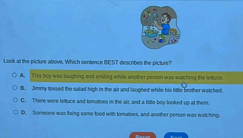 Look at the picture above. Which sentence BEST describes the picture?
A. This boy was laughing and smiling while another person was watching the lettuce.
B. Jimmy tossed the salad high in the air and laughed while his little brother watched.
C. There were lettuce and tomatoes in the air, and a little boy looked up at them.
D. Someone was fixing some food with tomatoes, and another person was watching.
Reset Noxt