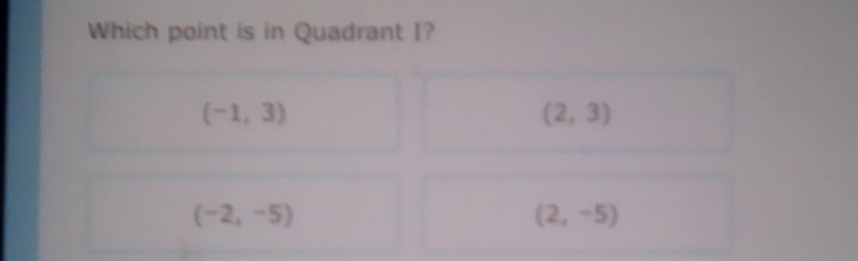 Which point is in Quadrant I?
(-1,3)
(2,3)
(-2,-5)
(2,-5)