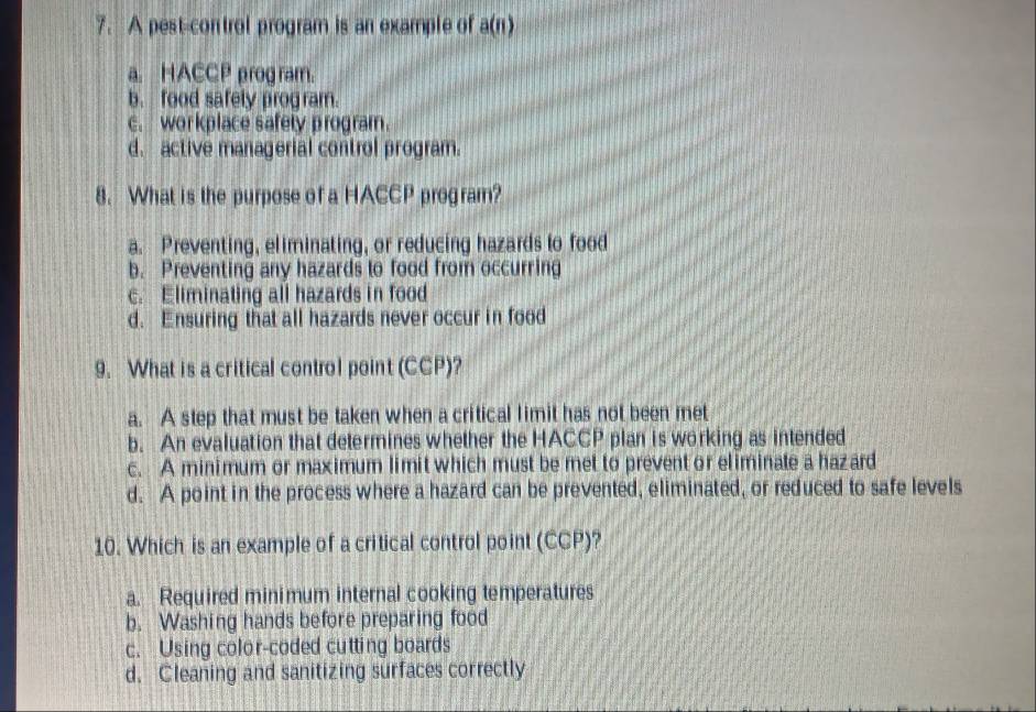 Solved: A pest-control program is an example of a(n) a. HACCP program ...