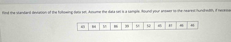 Find the standard deviation of the following data set. Assume the data set is a sample. Round your answer to the nearest hundredth, if necessar