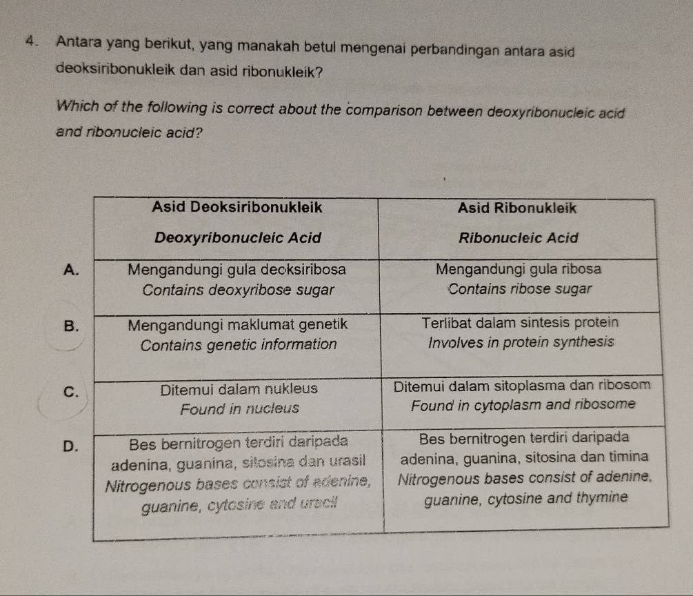 Antara yang berikut, yang manakah betul mengenai perbandingan antara asid 
deoksiribonukleik dan asid ribonukleik? 
Which of the following is correct about the comparison between deoxyribonucleic acid 
and ribonucleic acid?