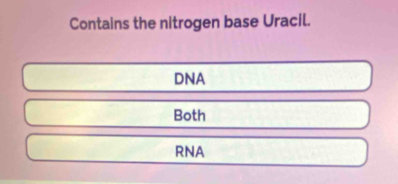 Contains the nitrogen base Uracil.
DNA
Both
RNA