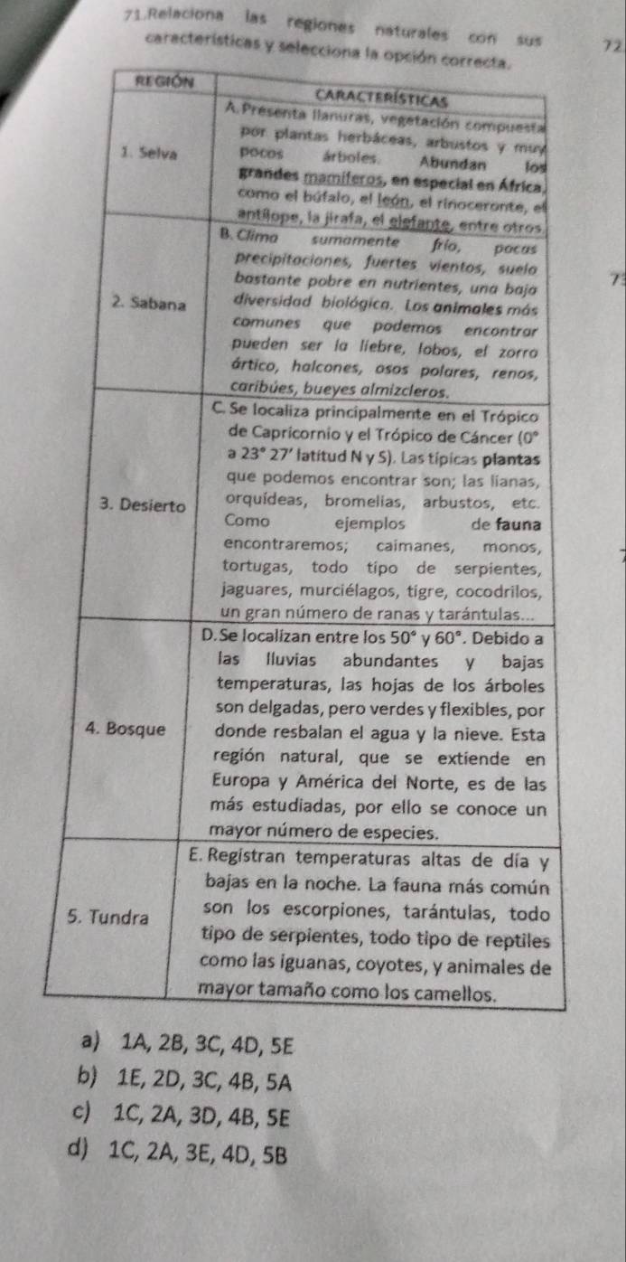 Relaciona las regiones naturales con sus 72
características y selecciona la opci
7
b) 1E, 2D, 3C, 4B, 5A
c) 1C, 2A, 3D, 4B, 5E
d) 1C, 2A, 3E, 4D, 5B