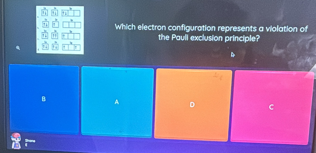 la 2
1 ↑↓ ↑1
1s 2
1 ↑ 
、 
is 2
Which electron configuration represents a violation of
1 ↑↑ ↑ the Pauli exclusion principle?
2s 2
↑↓ 11 ↑ 
B 
A 
D 
C 
Shane 
E