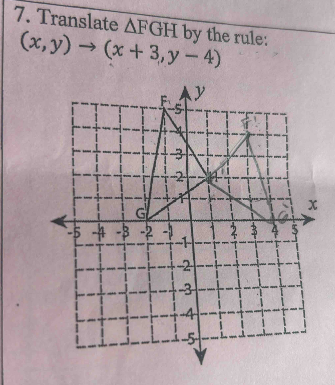 Translate △ FGH by the rule:
(x,y)to (x+3,y-4)