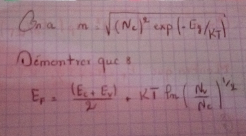 Cinam=sqrt((N_c))^2exp(-Eg/KT)
①emontrer quó B
E_F=frac (E_C+E_V)2+kIf_m(frac N_cN_c)^1/2