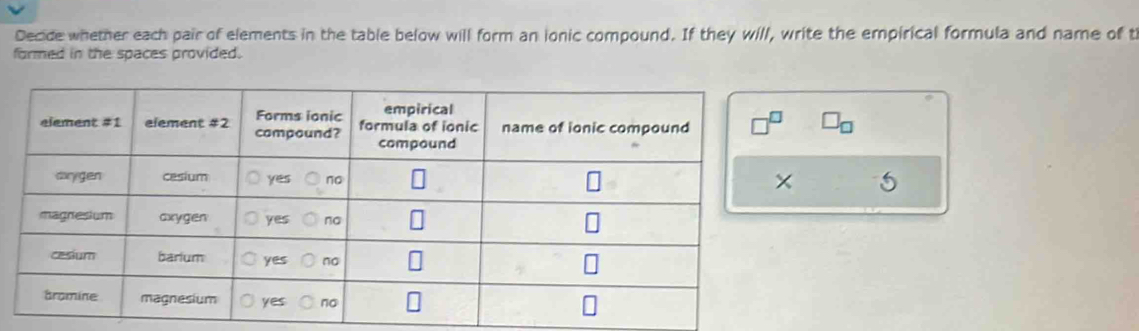 Decide whether each pair of elements in the table below will form an ionic compound. If they will, write the empirical formula and name of t
formed in the spaces provided.
□ _□ 
× 5