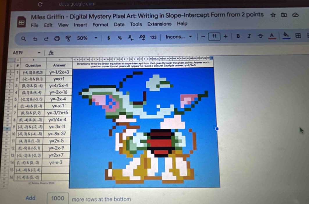 docé googie com 
Miles Griffin - Digital Mystery Pixel Art: Writing in Slope-Intercept Form from 2 points 
File Edit View Insert Format Data Tools Extensions Help 
50% $ % 9 .oQ 123 Incons... 11 + B I A 
AS19 
# ε 
# Question Answe 
1 (-4,5)(0,3) y=1/2x+3
2 (-2,-1) (0,1) y=x+1
3 (5,0) (0,-4) y=4/5x-4
4 (5,1) (4,4) y=-3x+16
5 (-2,2) (-3,5) y=-3x-4
6 (3,-4) (0,-1) y=-x-1
7 (0,5)(2,2) y=-3/2x+5
8 (0,-4)(4,-3) y=1/4x-4
9 (-3,-2)(-2,-5) y=-3x-11
10 (-5,3)(-4,-5) y=-8x-37
n (4,3) (1,-3) y=2x-5
12 (0,-9) (-5,1) y=-2x-9
13 (-5,-3)(-2,3) y=2x+7
14 (1,-4)B(0,-3) y=-x-3
15 (-4,-4)(-2,4)
16 (-1,4) (5,-2)
Mstia Rivero 2020 
Add 1000 more rows at the bottom