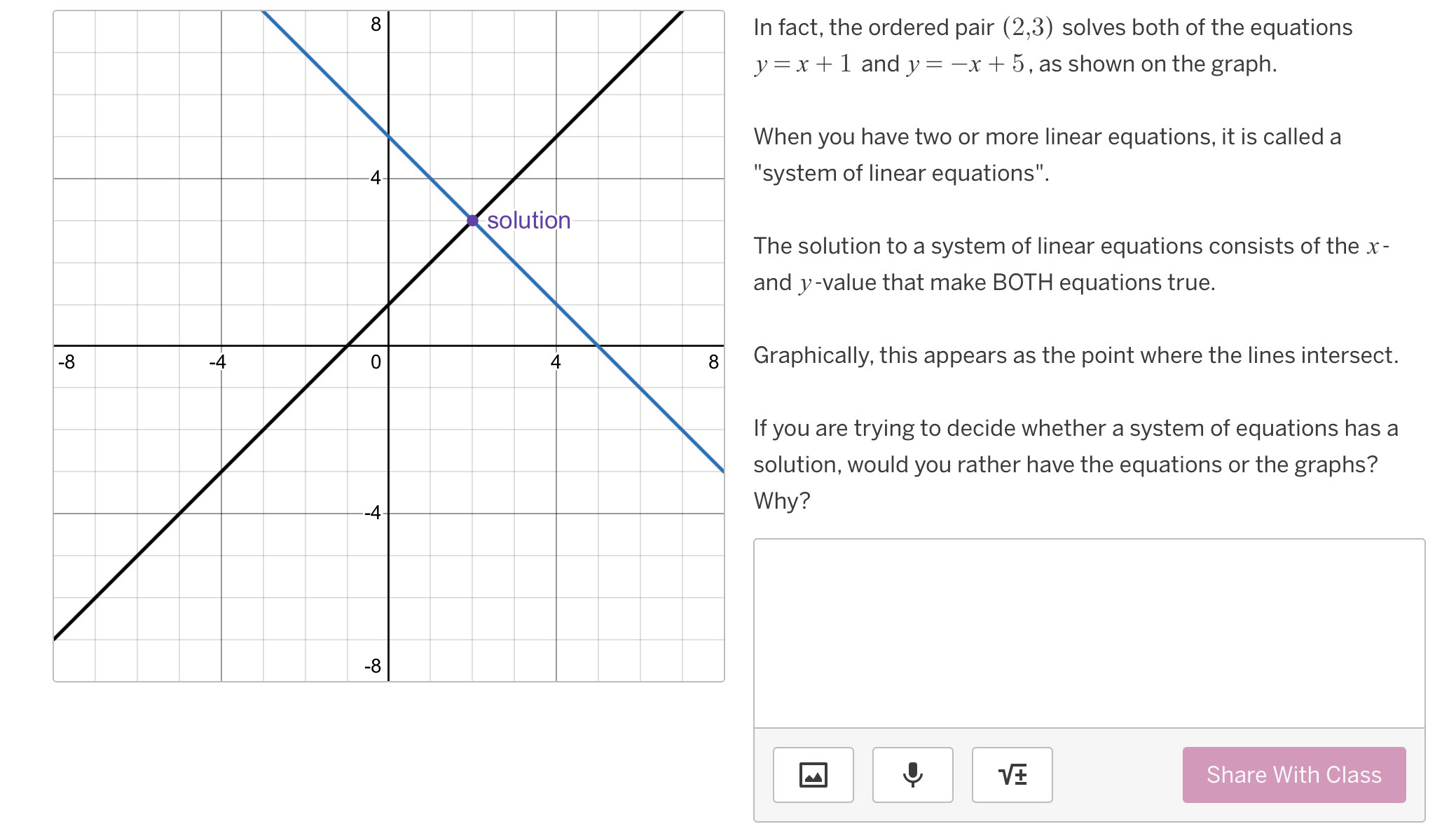 In fact, the ordered pair (2,3) solves both of the equations
y=x+1 and y=-x+5 , as shown on the graph. 
hen you have two or more linear equations, it is called a 
ystem of linear equations". 
he solution to a system of linear equations consists of the x - 
nd y -value that make BOTH equations true. 
raphically, this appears as the point where the lines intersect. 
you are trying to decide whether a system of equations has a 
lution, would you rather have the equations or the graphs? 
Why?
sqrt(± ) Share With Class