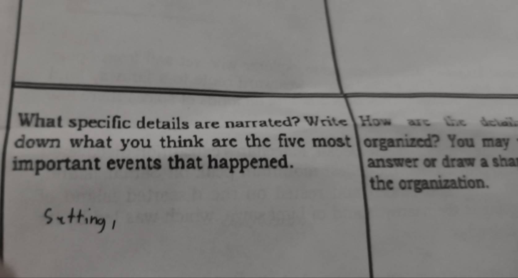 What specific details are narrated? Write How are the detail 
down what you think are the five most ' organized? You may 
important events that happened. answer or draw a sha 
the organization.