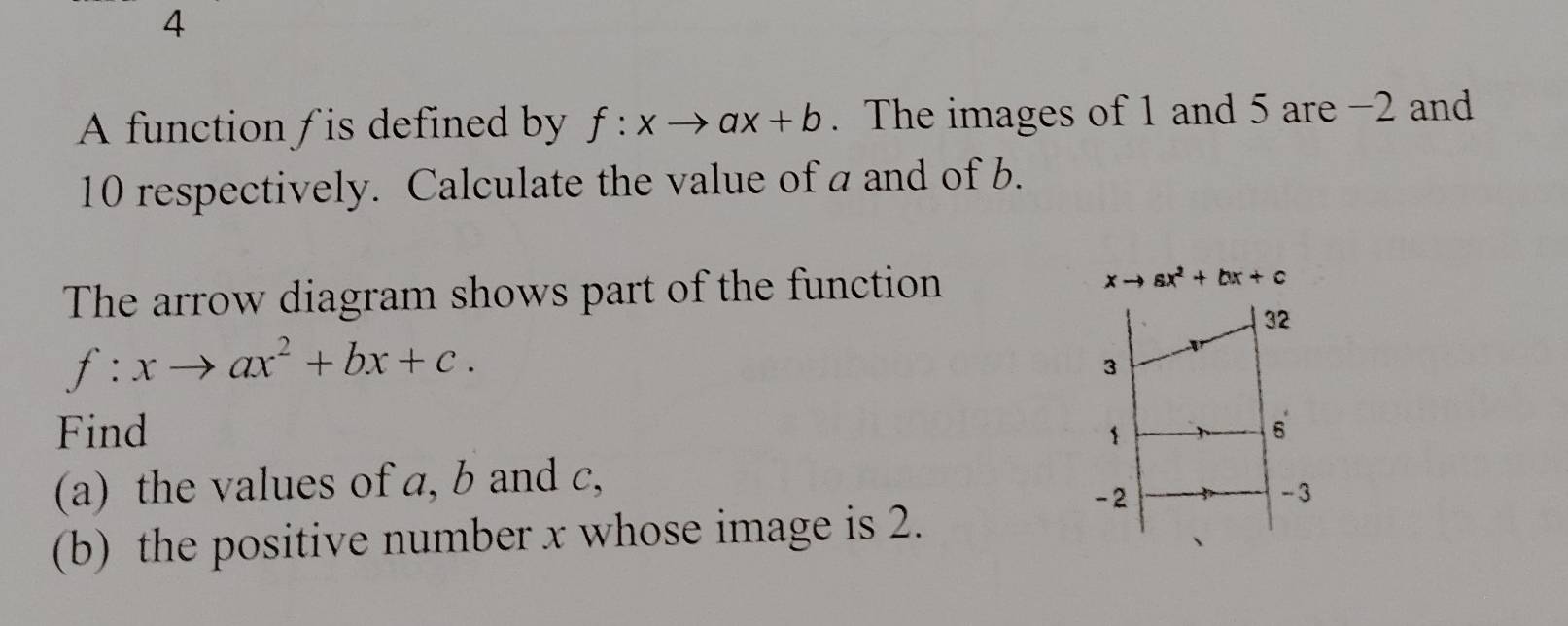 A function f is defined by f:xto ax+b. The images of 1 and 5 are −2 and
10 respectively. Calculate the value of a and of b.
The arrow diagram shows part of the function xto ax^2+bx+c
f:xto ax^2+bx+c. 
Find 
(a) the values of a, b and c, 
(b) the positive number x whose image is 2.