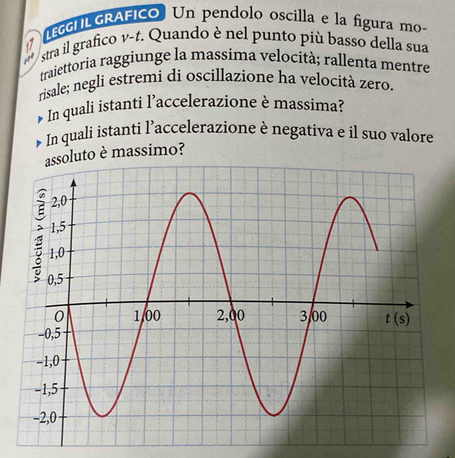 LECU LGRAFICO Un pendolo oscilla e la figura mo-
17
stra il grafico v-t. Quando è nel punto più basso della sua
traiettoria raggiunge la massima velocità; rallenta mentre
risale; negli estremi di oscillazione ha velocità zero.
In quali istanti l’accelerazione è massima?
In quali istanti l’accelerazione è negativa e il suo valore
assoluto è massimo?