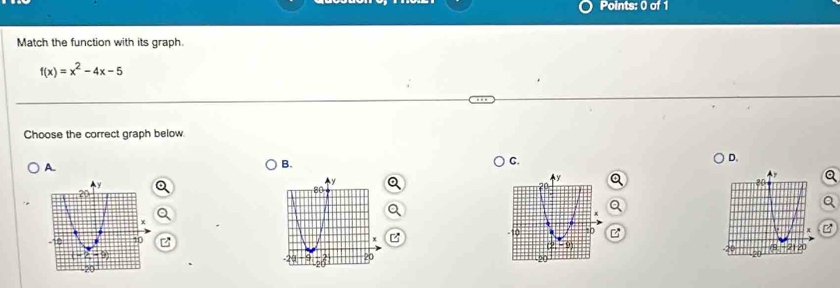 Match the function with its graph.
f(x)=x^2-4x-5
Choose the correct graph below.
D.
A.
B.
C.
z