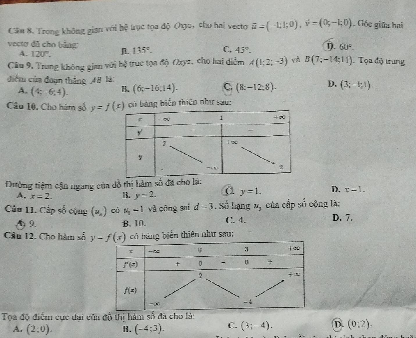 Trong không gian với hệ trục tọa độ Oxyz, cho hai vecto vector u=(-1;1;0),vector v=(0;-1;0). Góc giữa hai
vectơ đã cho bằng: C. 45°.
D. 60°.
A. 120°.
B. 135°.
Câu 9. Trong không gian với hệ trục tọa độ Oxyz, cho hai điểm A(1;2;-3) và B(7;-14;11). Tọa độ trung
điểm của đoạn thẳng AB là: D. (3;-1;1).
A. (4;-6;4). (6;-16;14). (8;-12;8).
B.
C.
Câu 10. Cho hàm số y=f(x) có bảng biến thiên như sau:
Đường tiệm cận ngang của đồ thị hàm số đã cho là:
D. x=1.
A. x=2. B. y=2.
C. y=1.
Câu 11. Cấp số cộng (u_n) có u_1=1 và công sai d=3. Số hạng u_3 của cấp số cộng là:
A 9. B. 10.
C. 4. D. 7.
Câu 12. Cho hàm số  có bảng biến thiên như sau:
Tọa độ điểm cực đại của đồ thị hàm số đã cho là:
C.
A. (2;0). B. (-4;3). (3;-4).
D. (0;2).