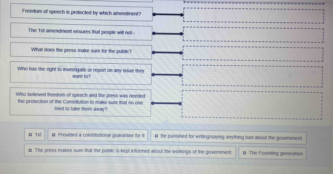 Freedom of speech is protected by which amendment?
The 1st amendment ensures that people will not--
What does the press make sure for the public?
Who has the right to investigate or report on any issue they
want to?
Who believed freedom of speech and the press was needed
the protection of the Constitution to make sure that no one
tried to take them away?
:: 1st # Provided a constitutional guarantee for it : Be punished for writing/saying anything bad about the government.
: The press makes sure that the public is kept informed about the workings of the government. :: The Founding generation