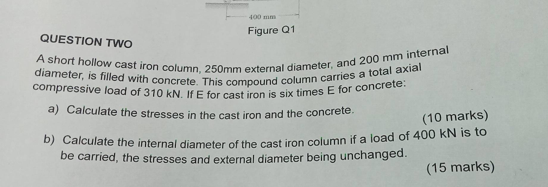 400 mm
Figure Q1 
QUESTION TWO 
A short hollow cast iron column, 250mm external diameter, and 200 mm internal 
diameter, is filled with concrete. This compound column carries a total axial 
compressive load of 310 kN. If E for cast iron is six times E for concrete: 
a) Calculate the stresses in the cast iron and the concrete. 
(10 marks) 
b) Calculate the internal diameter of the cast iron column if a load of 400 kN is to 
be carried, the stresses and external diameter being unchanged. 
(15 marks)