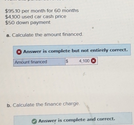 $95.10 per month for 60 months
$4,100 used car cash price
$50 down payment 
a. Calculate the amount financed. 
Answer is complete but not entirely correct. 
Amount financed $ 4,100
b. Calculate the finance charge. 
Answer is complete and correct.