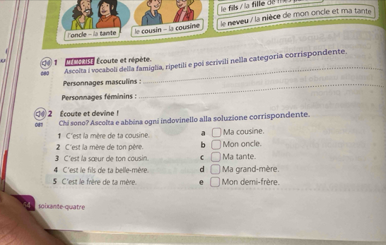 le fils / la fille de me 
i'oncle - la tante le cousin - la cousine le neveu / la nièce de mon oncle et ma tante
o 0 1 MÉMORISE Écoute et répète.
080 Ascolta i vocaboli della famiglia, ripetili e poi scrivili nella categoria corrispondente.
Personnages masculins :_
Personnages féminins :
10 2 Écoute et devine !
081 Chi sono? Ascolta e abbina ogni indovinello alla soluzione corrispondente.
1 C'est la mère de ta cousine. a Ma cousine.
2 C'est la mère de ton père. b Mon oncle.
3 C'est la sœur de ton cousin. C Ma tante.
4 C'est le fils de ta belle-mère. d Ma grand-mère.
5 C'est le frère de ta mère. e Mon demi-frère.
54 soixante-quatre